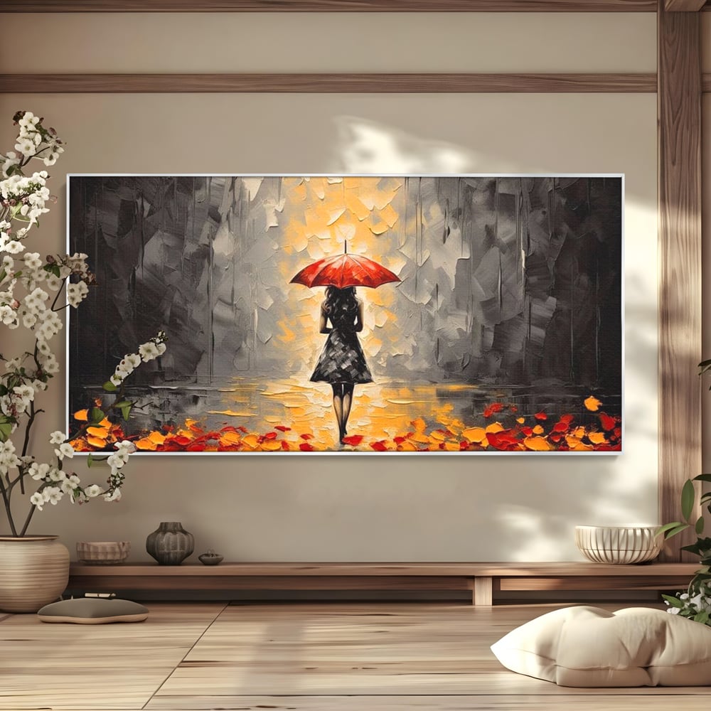 Tablou canvas cu tablou canvas cu femeie sub umbrela rosie, in rama de aluminiu argintiu